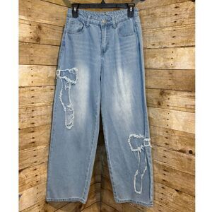 SHEIN HIGH RISE WIDE LEG DISTRESSED BOW DETAIL DESIGN CUTE EVERYDAY JEANS SZ. 26